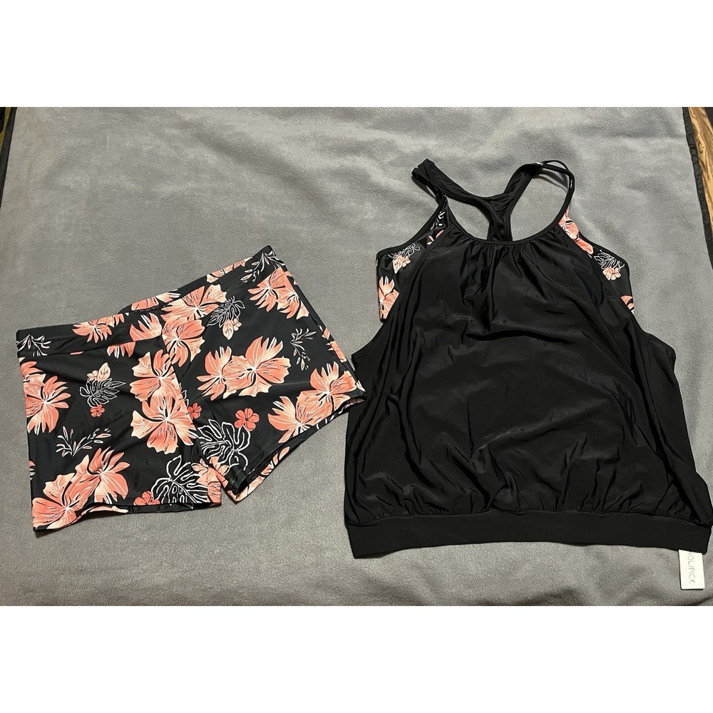 Holipick Tankini Swimsuit Top/boyshorts‎ Bottom Coral/black Tropical Sz 16